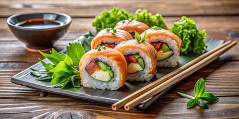 Sushi rolls with salmon and salad on wooden table with soy sauce, chopsticks , Japanese food, sushi, salmon, salad