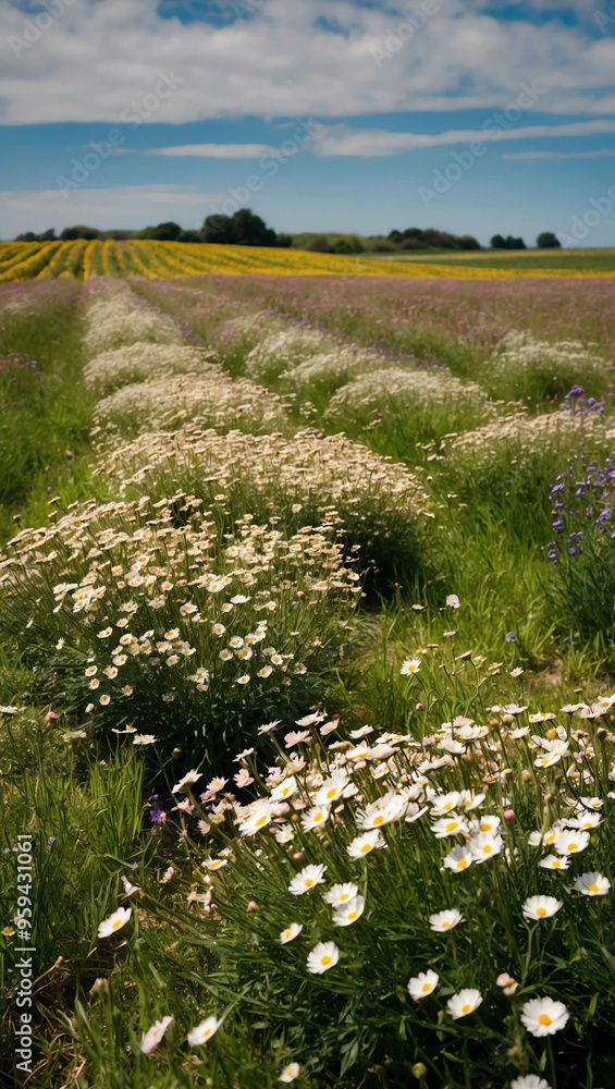 Wall mural wind gusting through fields of flowers background art design backdrop