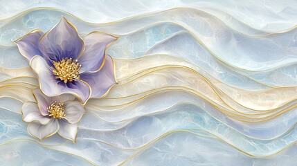Abstract Flower Design with Gold Lines and Blue Marble Background