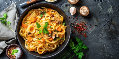 Creamy garlic carrot mushroom pasta sauce in a pot Top view with space for text