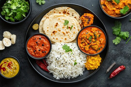 North indian thali top view. Roti, pappad rice and variety of curries in a mea