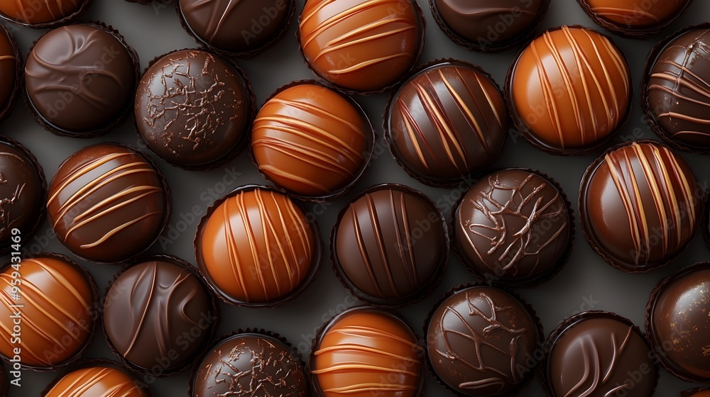 Poster elegant circular arrangement of caramel filled chocolates in 3d rendered top view