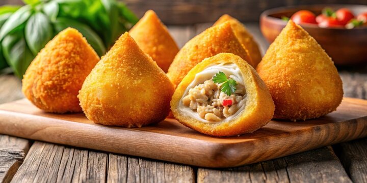 Delicious Brazilian snack coxinha with a crispy exterior and creamy chicken filling, Brazilian, snack, food, coxinha