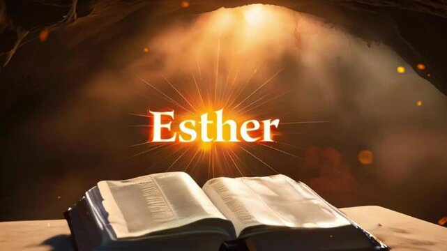 A glowing open book with the word Esther in a cave.