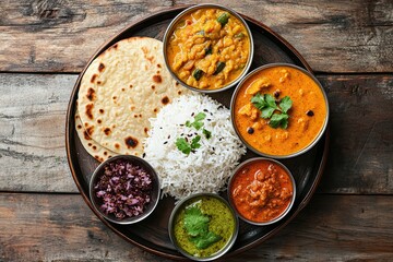 North indian thali top view. Roti, pappad rice and variety of curries in a mea