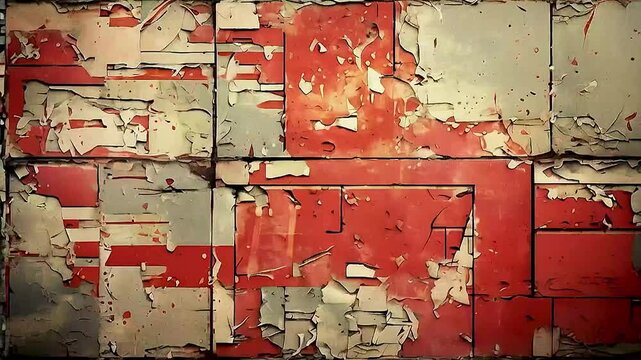 a red and white wall with bullet holes