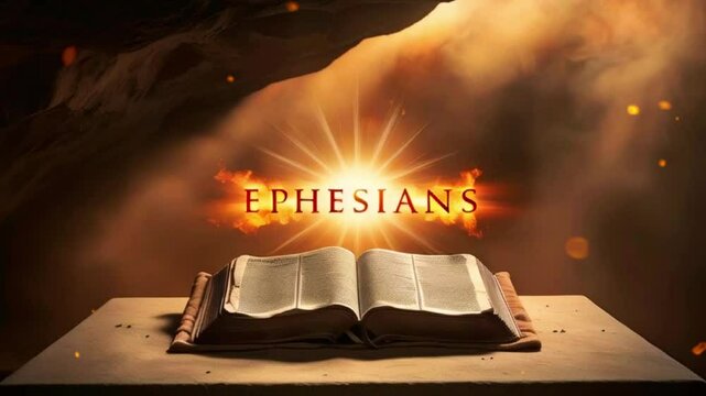 Open Bible on a stone surface with a bright light and the word 'Ephesians' in flaming letters.