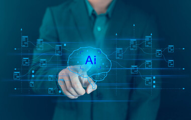 Businessman showing virtual graphics AI technology Global Internet connects  Chat with AI The future of technology changes