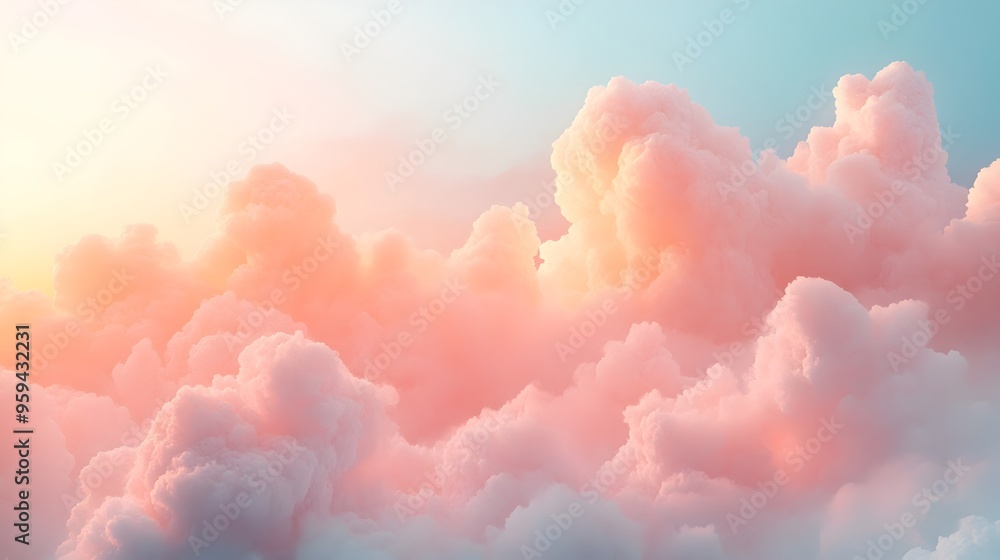 Poster soft caramel clouds floating over a dreamy pastel sky in a whimsical and surreal 3d render