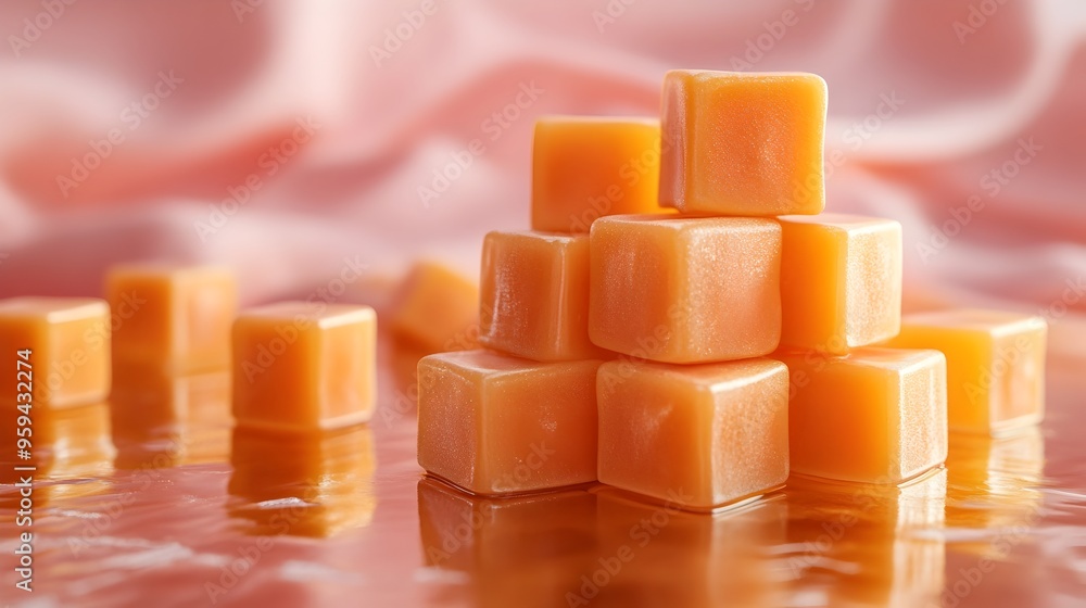 Poster stacked caramel cubes with contrasting light and shadow on reflective surface