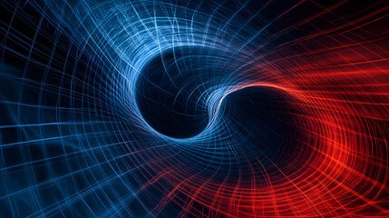 Abstract swirl pattern in red and blue lines on a black background.