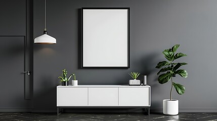 Lamp above white cabinet with plant in grey living room interior with poster