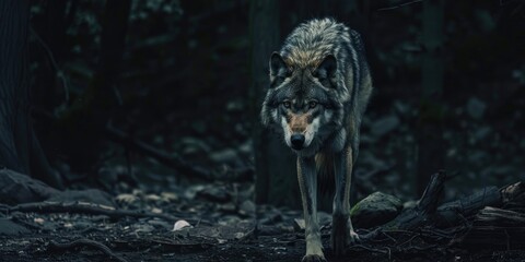 Close-up view of an impressive gray wolf in a dimly lit, shadowy woodland setting.