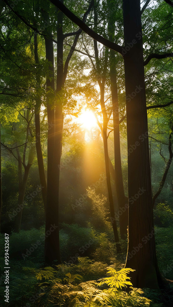 Poster golden sunlight filtering through forest cano background art design backdrop