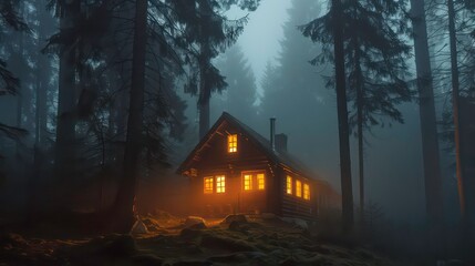 A small cabin with glowing windows sits in the middle of a dark foggy forest.