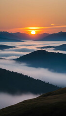 golden sun rising behind misty mountains background art design backdrop