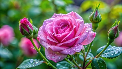 Pink rose with water drops and buds in the garden after the rain, pink, rose, water drops, buds, garden, rain, nature, floral