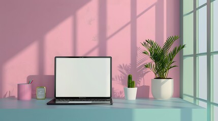 Fototapeta premium Laptop display for mockup on table in colored room