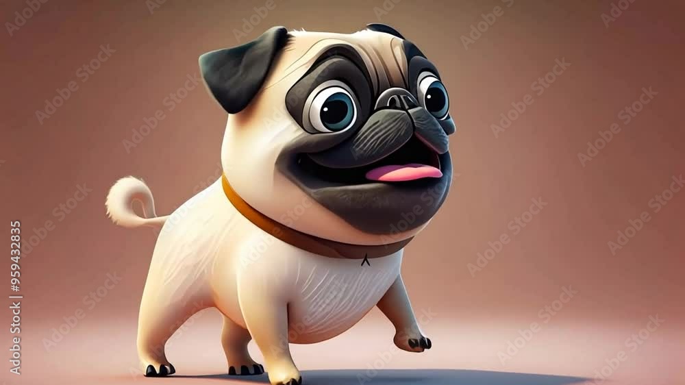 Poster cheerful animated pug talking happily in a bright colorful setting generative ai