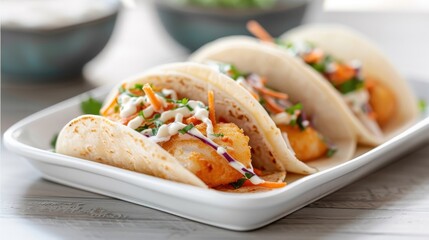 Crispy Fish Tacos, battered fish fillets with a crunchy slaw and spicy aioli.