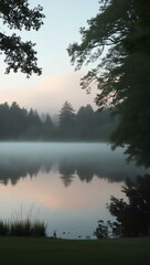 Fototapeta premium soft mist hovering over peaceful lake background art design backdrop