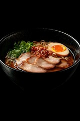 Shoyu Ramen Noodle with Pork Egg and Herbs Floating in Space on Dark Background