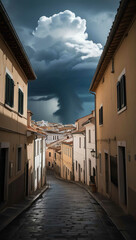 Fototapeta premium storm clouds looming over narrow alleyways background art design backdrop