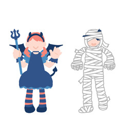 ハロウィンの仮装[ミイラ男・小悪魔]をする男の子と女の子のフラットなイラスト

