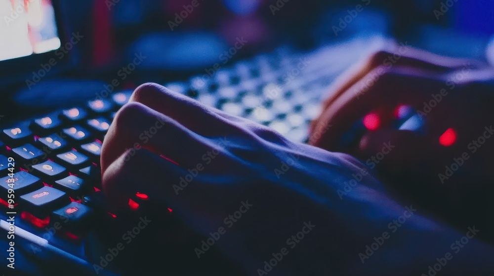 Poster close up of hands typing on a illuminated keyboard in a dark room