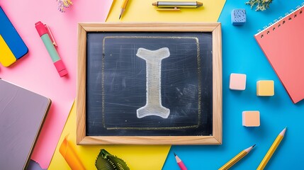 Learning the letter I blackboard notebook pencil and learning accessories isolated on colorful background