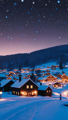 Fototapeta premium bright stars twinkling over snowy village background art design backdrop