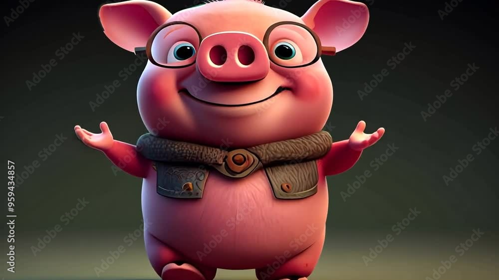 Poster cheerful animated pig character happily engaging with friends generative ai