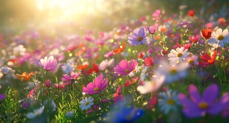 Obraz premium A field of vibrant wildflowers basking in the warm glow of the setting sun, creating a breathtaking scene of natural beauty.