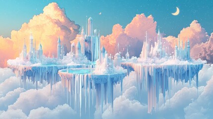 Fototapeta premium Fantasy Sky City with Floating Islands Clouds and Moon