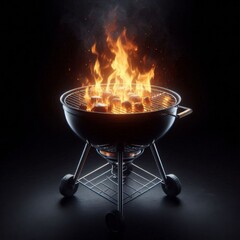 Empty Barbecue Grill with Flames. Fire blazing on a black background with an unoccupied grill grid