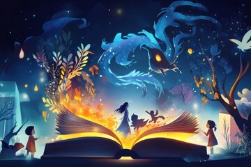 fantasy creatures coming out from the pages of the book , illustrating imagination when reading a book
