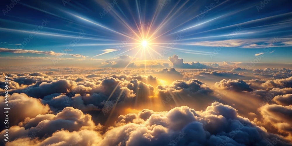 Wall mural dreamy image of flying above fluffy clouds with rays of light shining through, creating a magical at