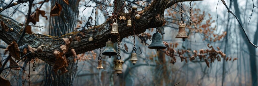 Barren tree decorated with bells and mystical items, serving as a sacred space for shamans and native communities.