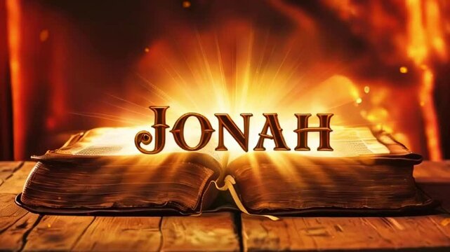 An open book with the word Jonah illuminated by a bright light. The book is on a wooden table.