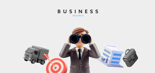 3D businessman character, business center building, truck, briefcase, target, binoculars. For the concepts of business search, development, investment, management, finance. Vector illustration.