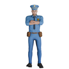 Professional Male Cartoon Cop in 3D Animation. A male police officer is standing with his arms folded in front of his chest. Law Enforcement