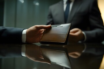 Hand in Suit Jacket Reaching for Wallet on Table