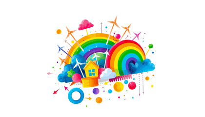 Fototapeta premium Colorful Rainbow House with Wind Turbines and Clouds
