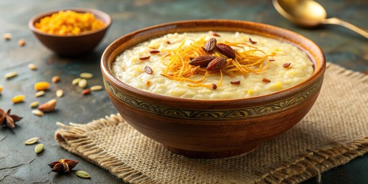 Traditional Indian sweet rice pudding served in a bowl with saffron and nuts , Rice Kheer, Indian sweet, Payesh, Kerala, Onam