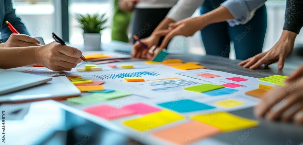 Poster Close-up of a brainstorming session with colorful sticky notes on a whiteboard.