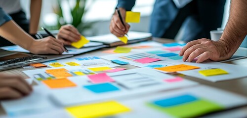 Closeup of a table covered in colorful sticky notes, papers, and a pen, used for brainstorming or planning a project.