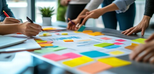 Obraz premium Close-up of a brainstorming session with colorful sticky notes on a whiteboard.