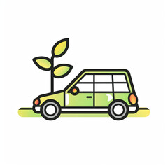 Obraz premium A vibrant green car is stationary next to a young plant, illustrating a commitment to sustainability and a cleaner, greener future for urban landscapes