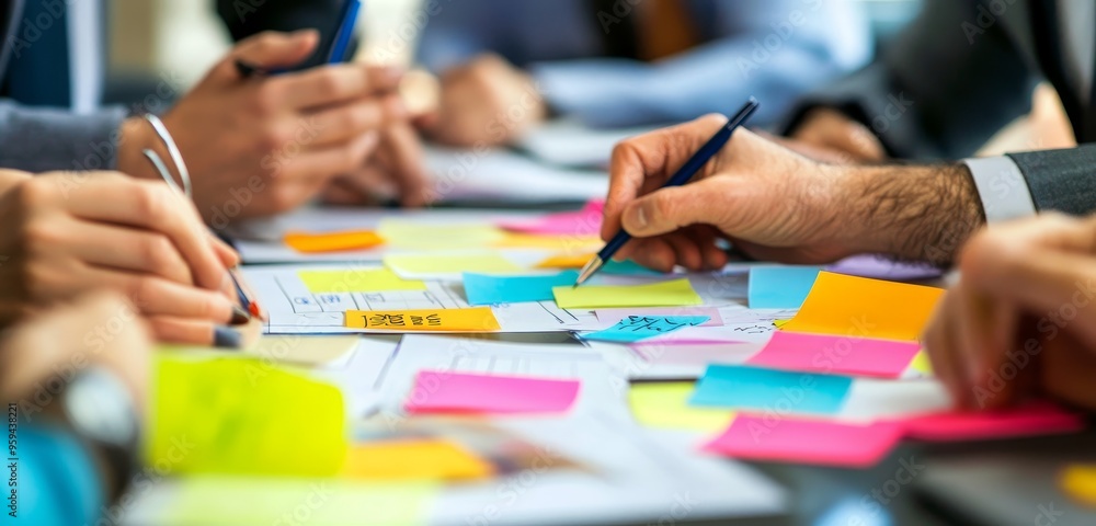Aufkleber close up of a team brainstorming with sticky notes and pens.