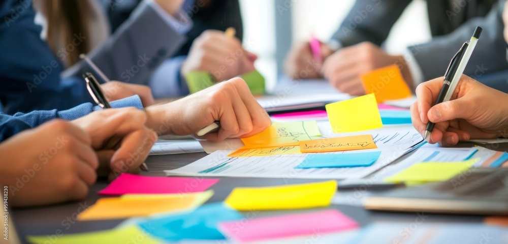 Poster business people collaborating on a project with sticky notes and pens on a table.